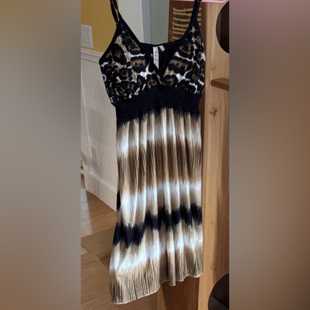 Sleeveless Animal Print & Ombre Pleated Dress - Black, Brown, White